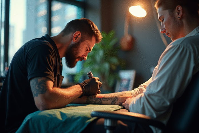 Tatoueur en studio créant un tatouage coloré sur un avant-bras