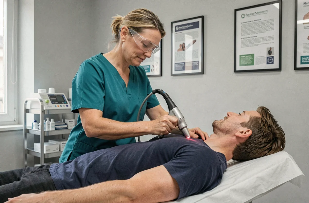 Technicienne spécialisée en détatouage laser au travail dans un studio professionnel du Marais à Paris, traitant le bras d'un client avec un appareil laser médical