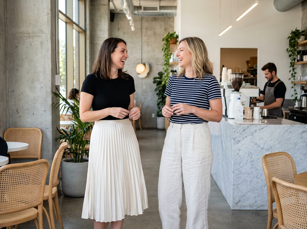Deux femmes portant des tee shirts comme base de leur tenue, l'un avec une jupe midi satinée et l'autre avec un pantalon large en lin, dans un café moderne