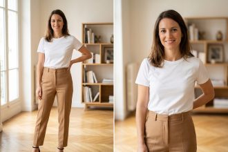 Femme portant un tee shirt blanc basique rentré dans un pantalon tailleur camel, look chic et décontracté dans un appartement parisien