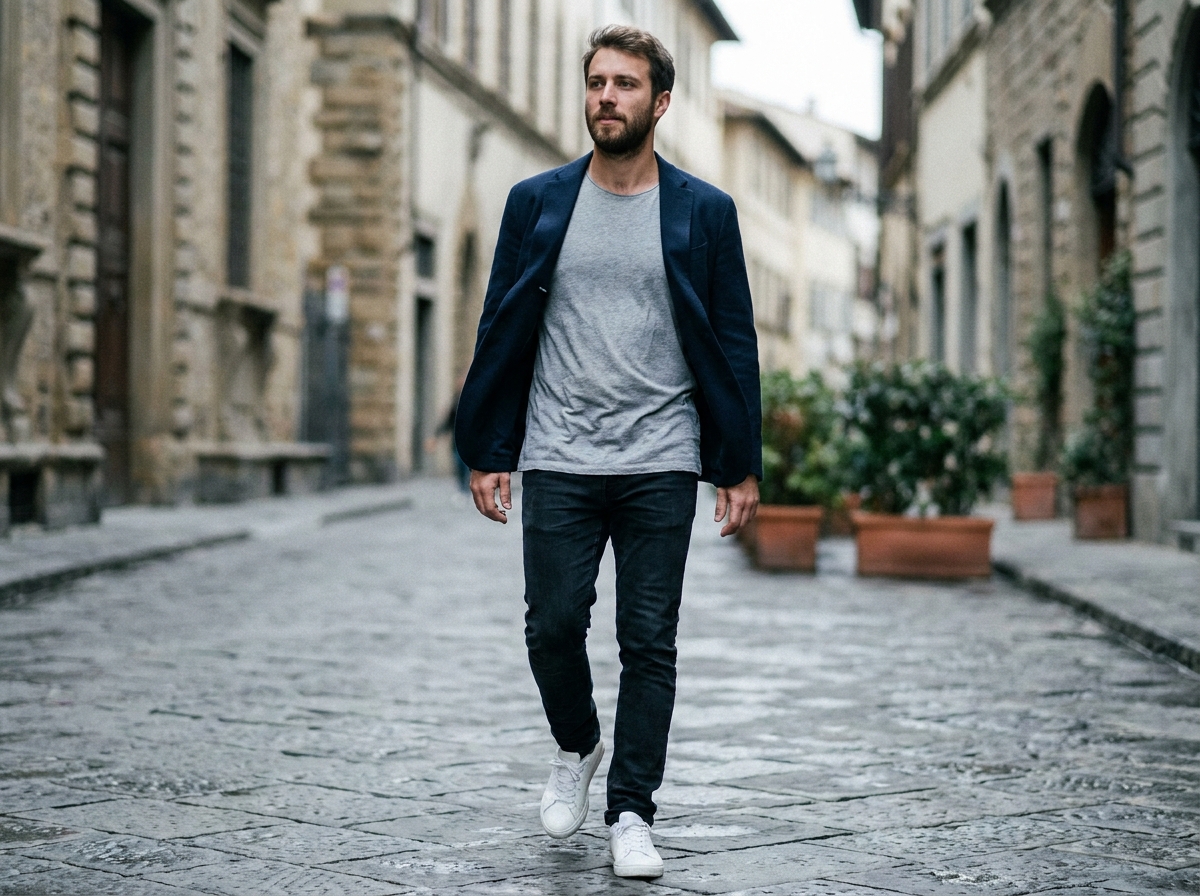 Homme en tee shirt gris oversize sous un blazer marine, look casual chic dans une rue pavée européenne