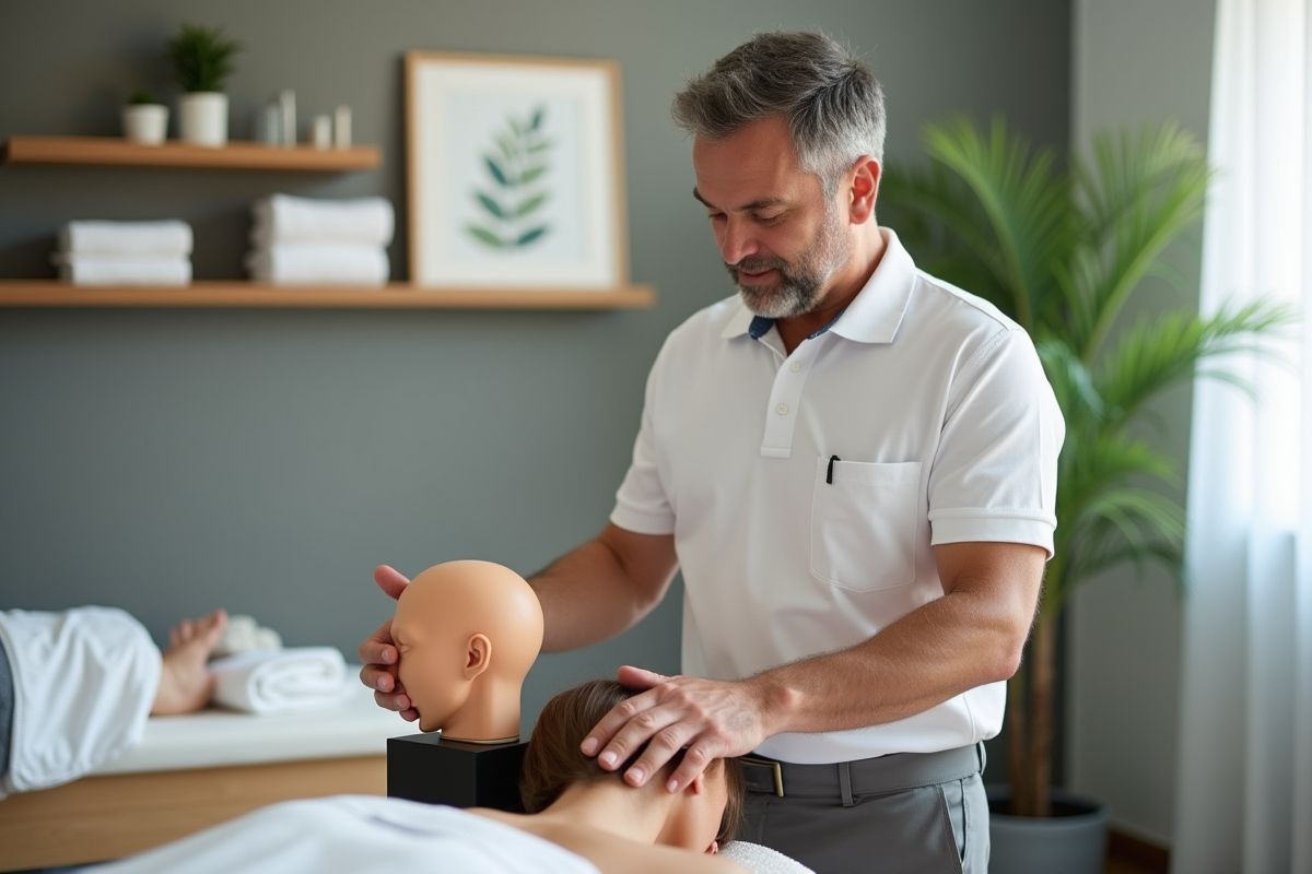 Therapeute en cabinet de bien-être consulte un client avec modèle de tête