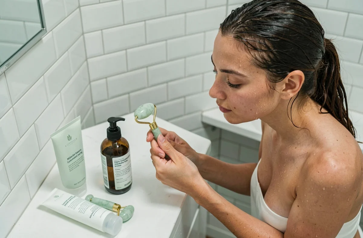 Jeune femme tenant un roller en jade et un toner exfoliant dans une salle de bain minimaliste, produits de soin pour éliminer les peaux mortes