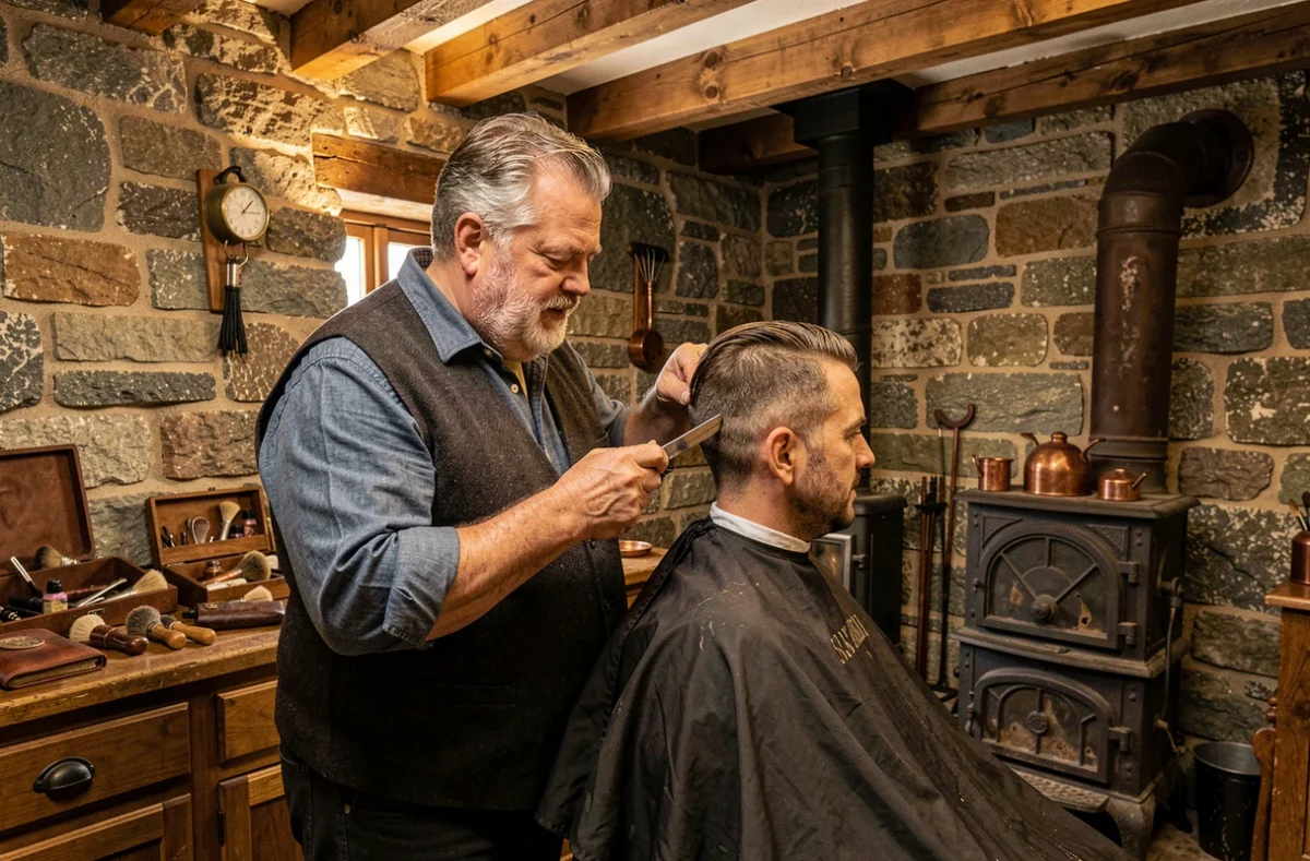 Barbier traditionnel breton au rasoir coupe-chou dans l'ambiance rustique du Ty Barbier