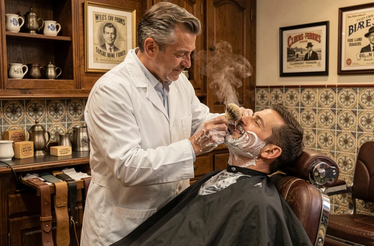 Barbier traditionnel appliquant de la mousse à raser avec un blaireau sur un client dans le salon L'Univers du Rasage à Clermont-Ferrand