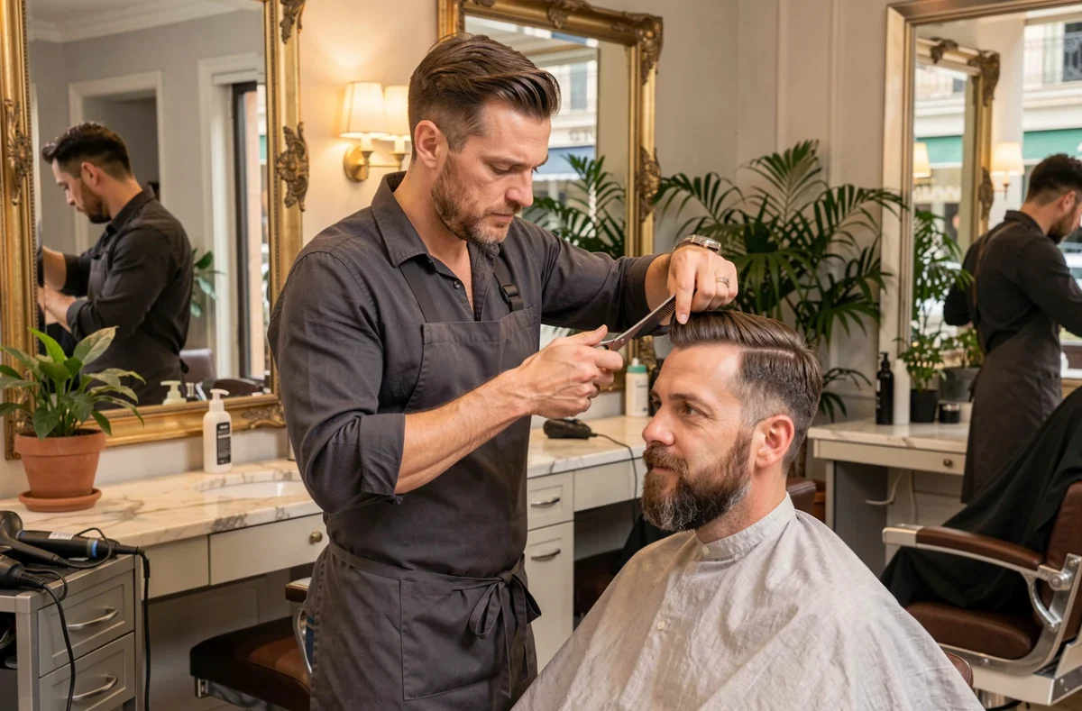 Coiffeur-barbier Victorien Mercier coiffant et taillant la barbe d'un client dans son élégant salon d'Aix-les-Bains