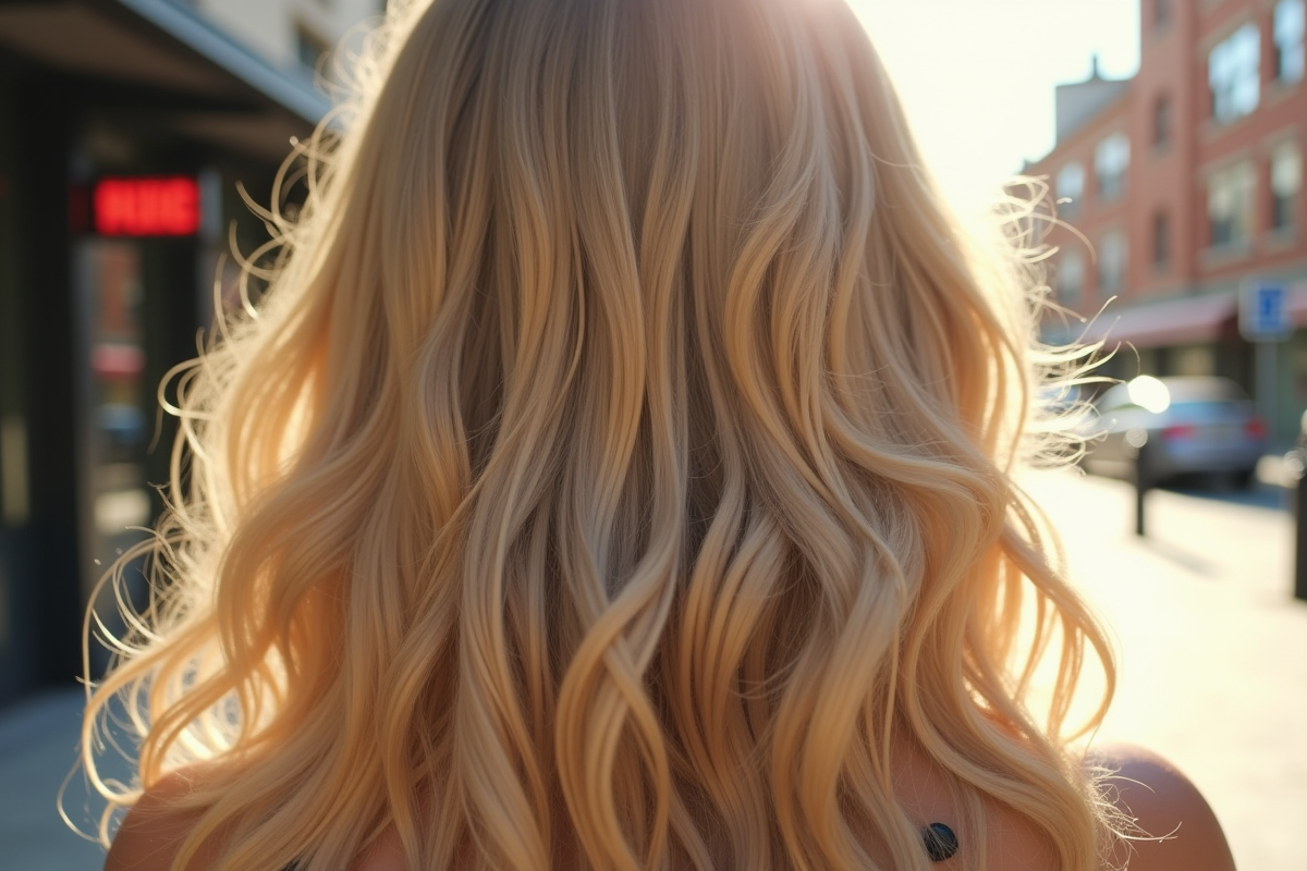 Détail de cheveux blonds longs et ondulés en couches