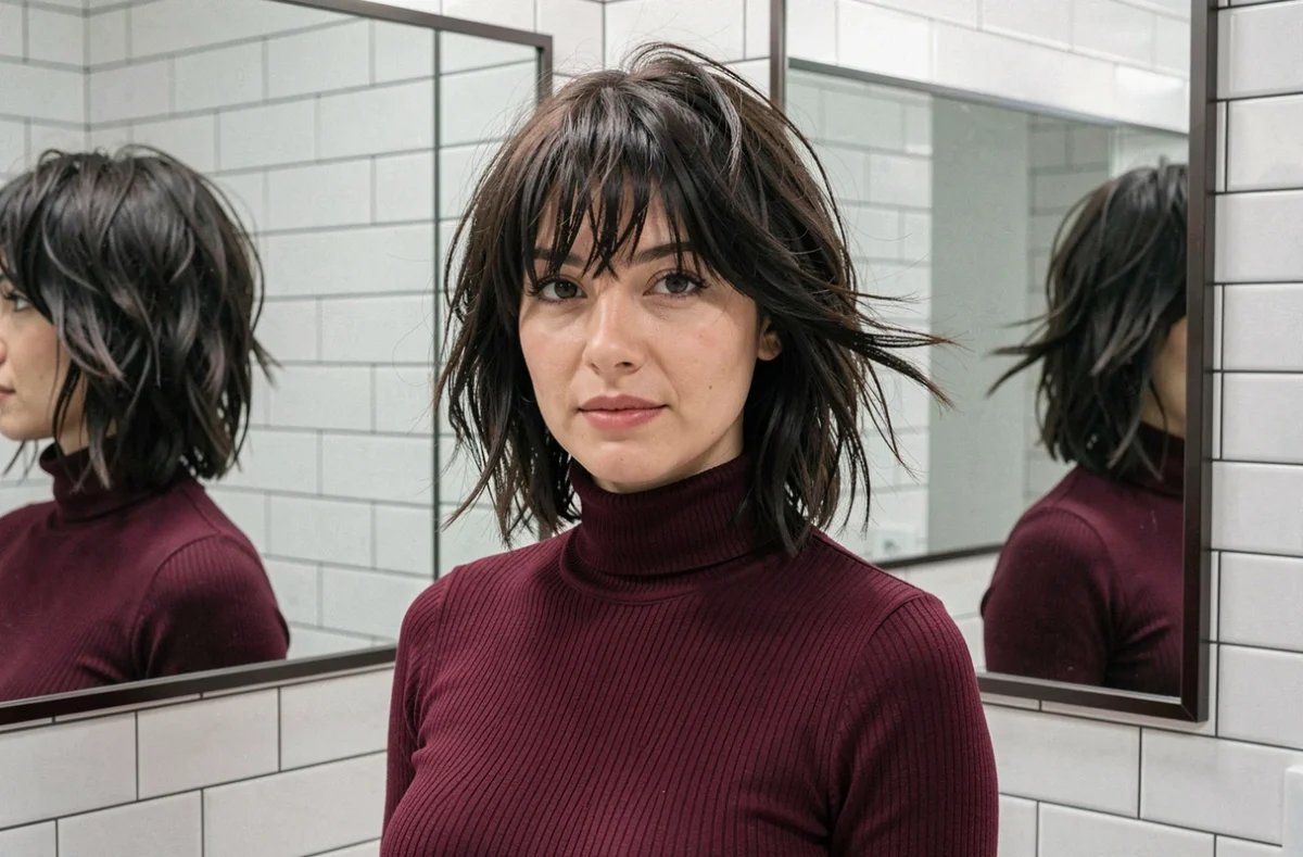 Femme brune en pull bordeaux avec coupe wolfcut et frange rideau devant un miroir de salle de bain, look quotidien naturel