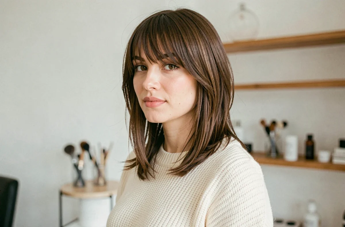 Femme aux cheveux wolfcut avec frange rideau dans un salon de coiffure moderne, look naturel et tendance