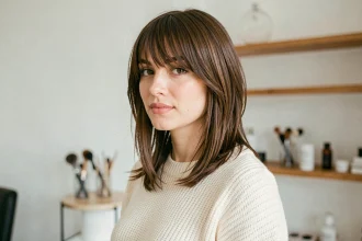 Femme aux cheveux wolfcut avec frange rideau dans un salon de coiffure moderne, look naturel et tendance