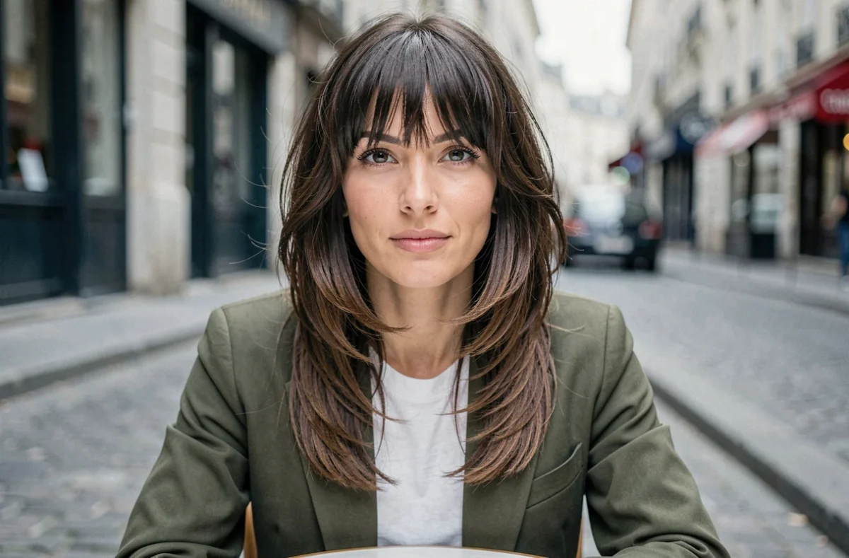 Femme avec wolfcut et frange rideau attablée en terrasse de café, style parisien tendance automne